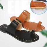 Women Open Toe Sandals Flats Large Size Sandals Round Toe Rivet Flat Casual Slippers