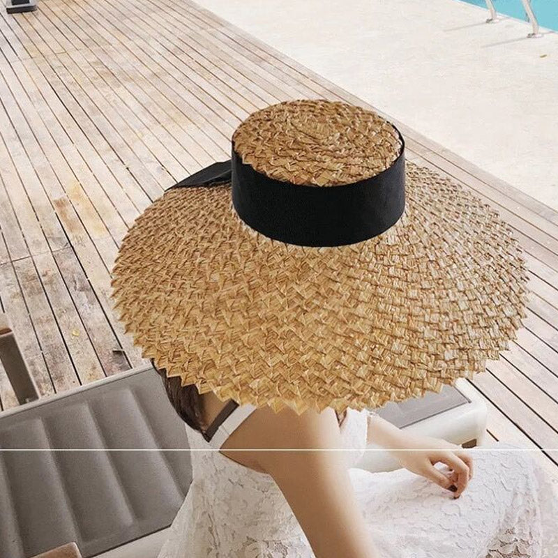 Straw Hat Casual Large Brim Flat Top Wheat-Straw Hat Beach Sun Hat