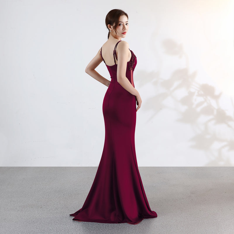 Burgundy Dress Formal Deep V Evening Party Dress Long Sexy Slim Fit