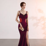Burgundy Dress Formal Deep V Evening Party Dress Long Sexy Slim Fit