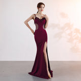 Burgundy Dress Formal Deep V Evening Party Dress Long Sexy Slim Fit