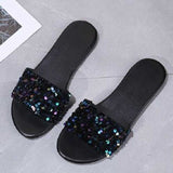 Women Open Toe Sandals Flats Summer Casual Slippers Flat Bottom Sequin Beach Shoes