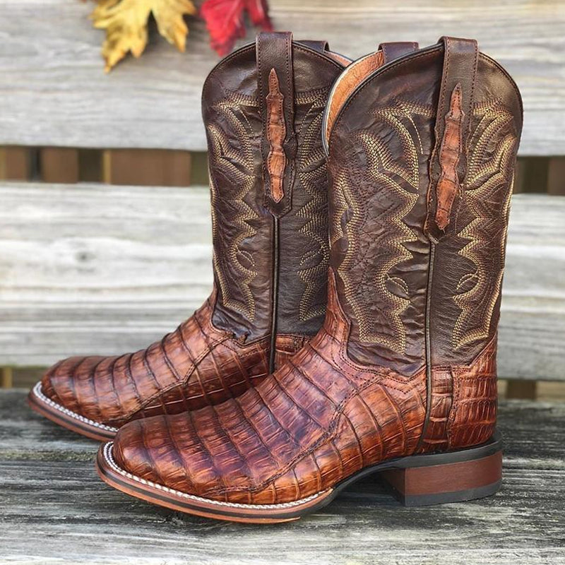 Western Shoes Vintage Square Toe Embroidered Mid-Calf Split Casual Men's Boots