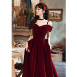 Burgundy Dress Formal Sling Velvet Engagement Dress Women