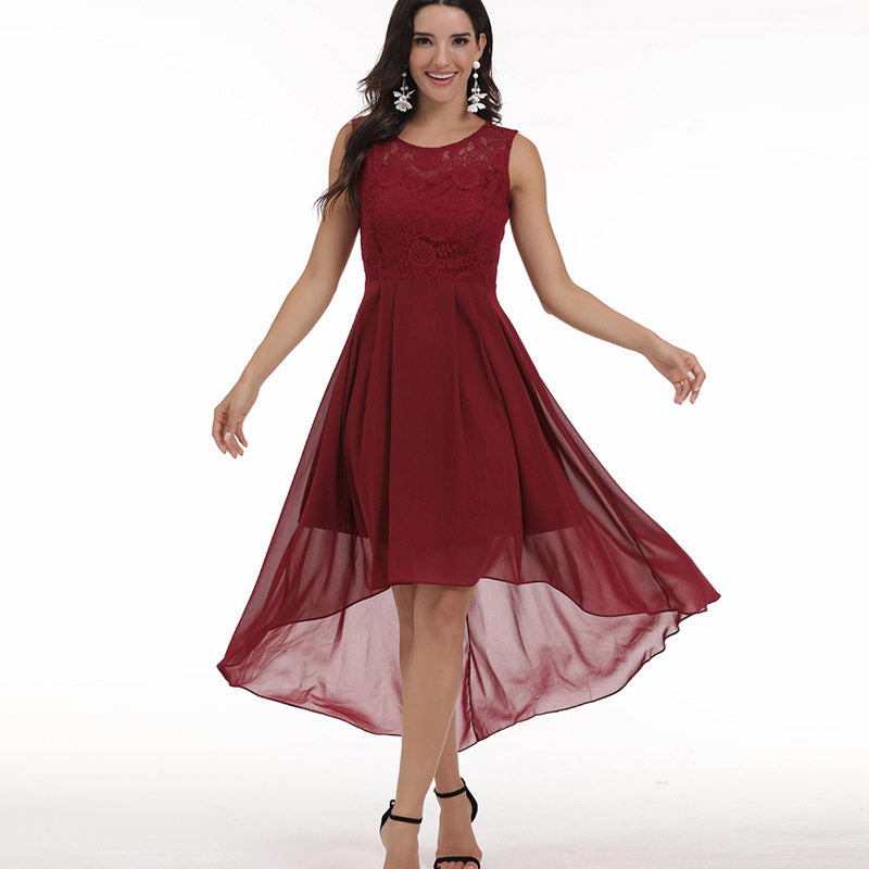 Burgundy Dress Formal Lace Stitching Big Swing Chiffon Dress Dinner Party