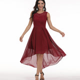 Burgundy Dress Formal Lace Stitching Big Swing Chiffon Dress Dinner Party