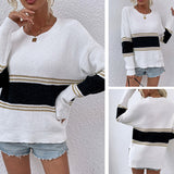 Women Pullover Knit Sweater Autumn and Winter Contrast Color Striped Split Sweater