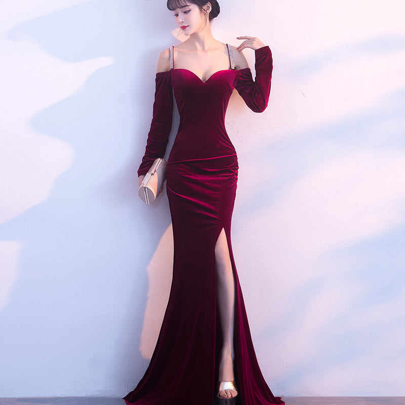 Burgundy Dress Formal Evening Dress Fashionable Elegant Long Style Long Sleeve