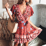 Coachella Music Festival Outfits Spring and Summer Dress Short Sleeve V-neck Printed Short Skirt