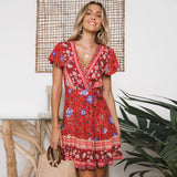 Coachella Music Festival Outfits Spring and Summer Dress Short Sleeve V-neck Printed Short Skirt