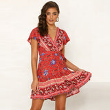 Coachella Music Festival Outfits Spring and Summer Dress Short Sleeve V-neck Printed Short Skirt
