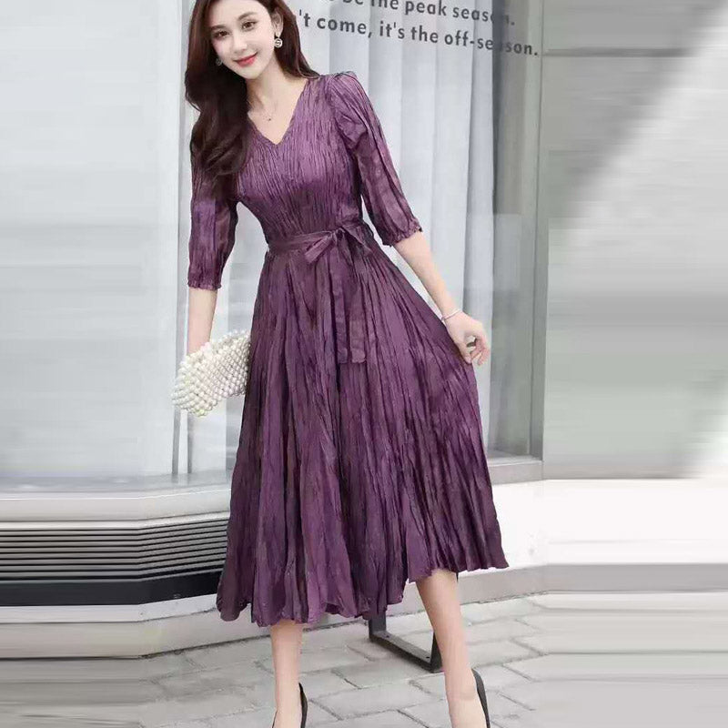 MIDI Mauve Wrap Dress Women's Spring and Summer Fashion plus Size Slim Purple Dress
