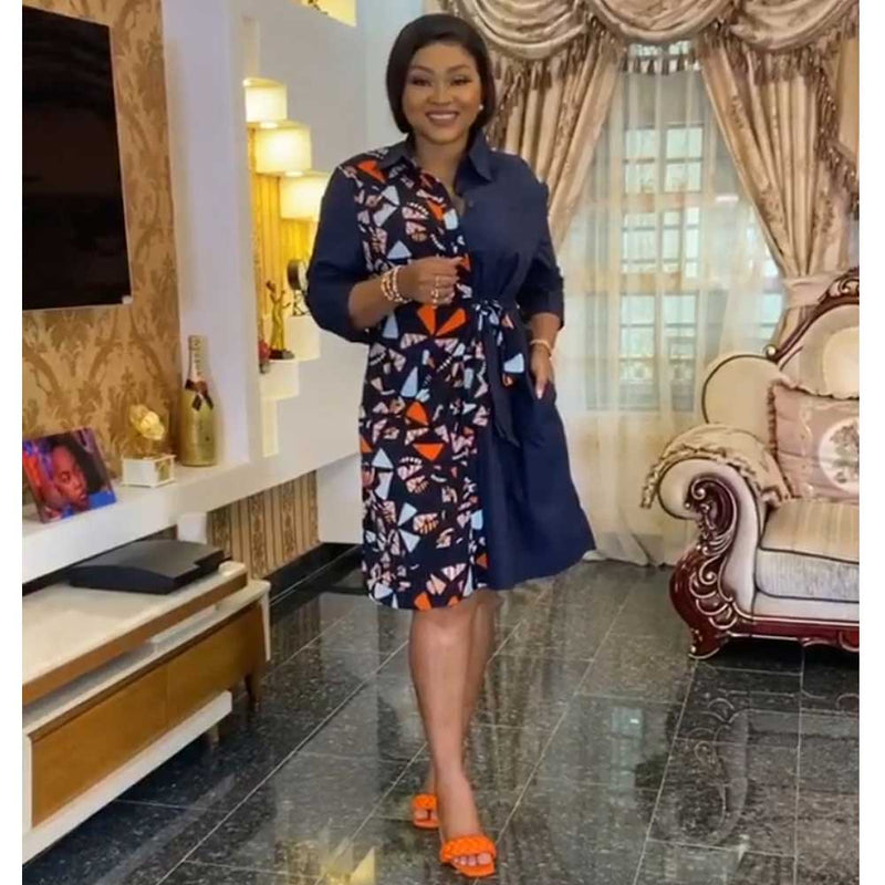 African Women's Wear Stand Collar Stitching Tied Long Sleeves Shirt Dress African Dashiki Ankara Styles Dress