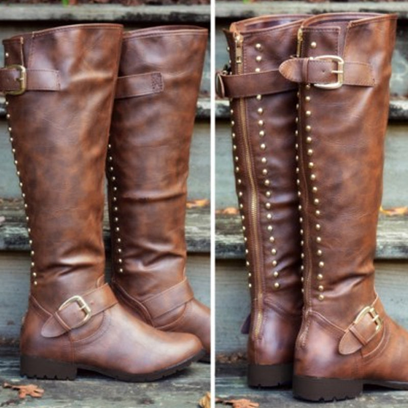 Beth Dutton Shoes Autumn Solid Color Flat Bottom Rivet High Leg Boot