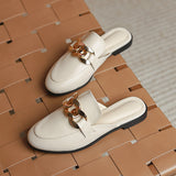 Finn Chain Pointed Toe Mule Spring and Autumn Closed Toe Metal Chain Muller Half Slippers Women's Outer Wear Soft