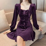Blue Velvet Dress Square-Neck Cinched Slimming
