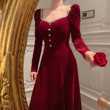 Long Sleeve Burgundy Dress Formal Autumn Winter Retro Heavy Industry Beads Dress Skirt