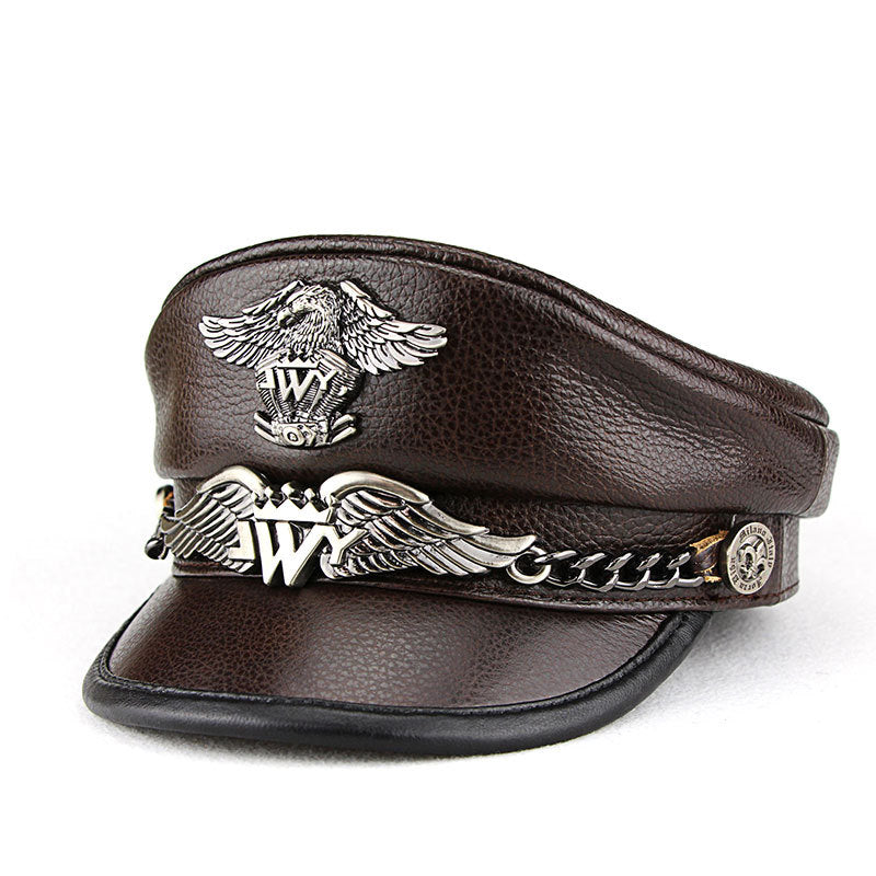 Captains Hat Spring and Autumn Genuine Leather Flat-Top Hat Men's Captain Hat General Motorcycle Retro