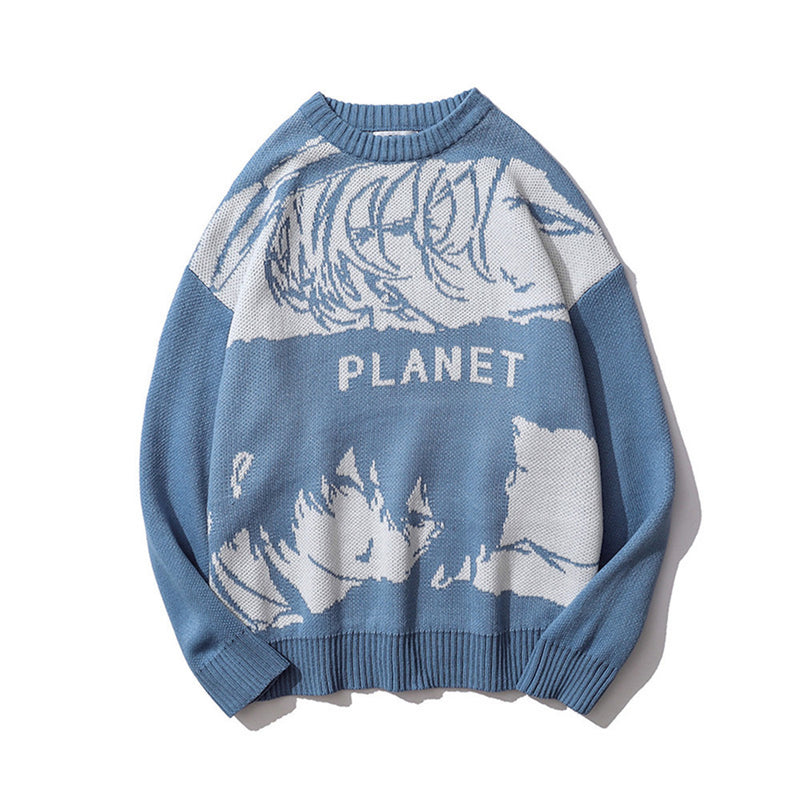 Men Sweater Cartoon Jacquard Crew Neck Sweater Men Loose Pullover