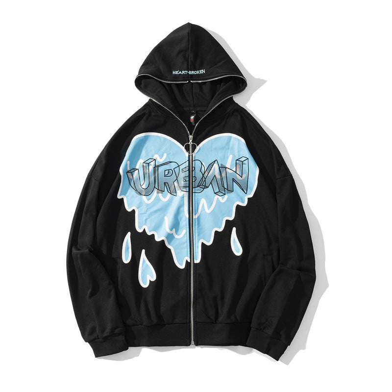Man Fall Outfits Sweatshirt Hip Hop Heart Graffiti Zipper Cardigan Outerwear Men and Women