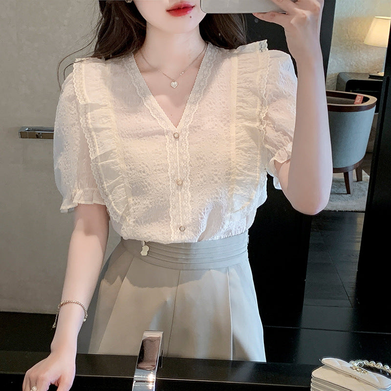 Gloria Vanderbilt V-neck Flounce Lace Chiffon Shirt