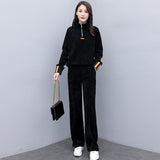 Velour Tracksuit Autumn Wide Leg Pants Stand Collar Loose Sweater Two-Piece Set