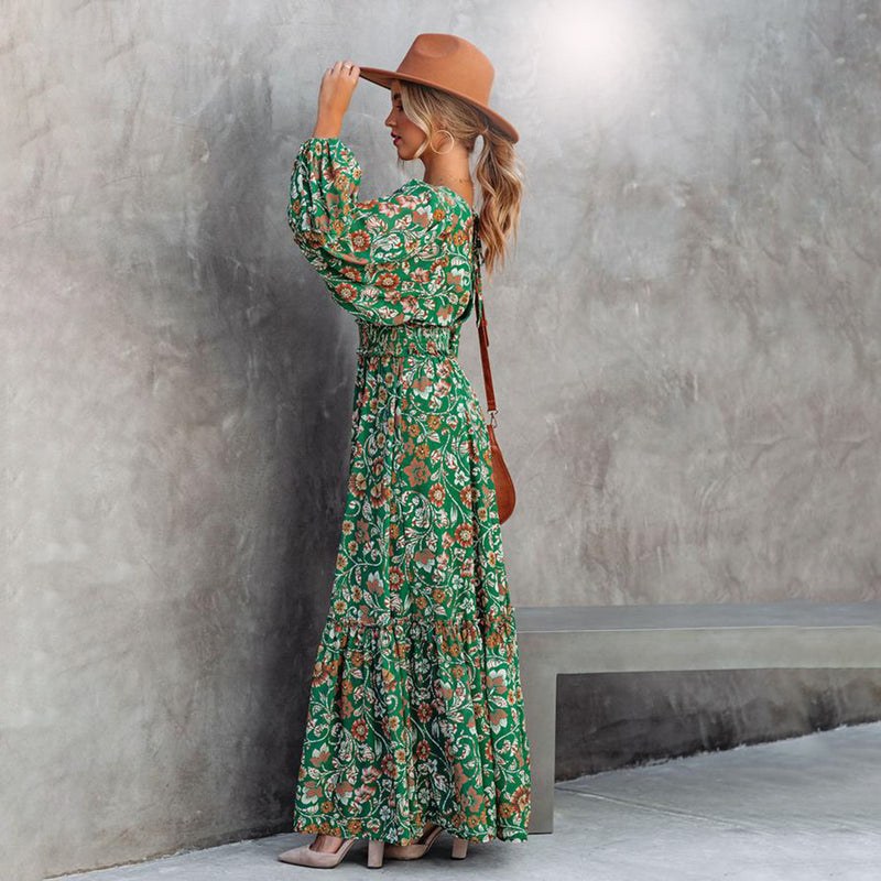 Kendall Jenner Wedding Guest Dress Fashion Printing Lantern Long Sleeve V-neck Backless Stitching