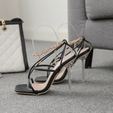 Hot Pink Heels Square Toe Lock Head Chain Crystal Heel High Heel Sandals for Women