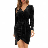 Long Sleeve Burgundy Dress Formal Autumn and Winter V-neck Slim Fit Sexy Tight