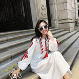 Coachella Music Festival Outfits Retro Lantern Sleeve Cotton and Linen Embroidered Dress Long Skirt