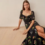 Kendall Jenner Wedding Guest Dress Square Collar Puff Short Sleeve Mid-Length Sexy Slit Printing