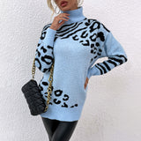 Women Pullover Knit Sweater Women's Clothing Autumn and Winter Turtleneck Leopard-Print Sweater Female Dress Sweater