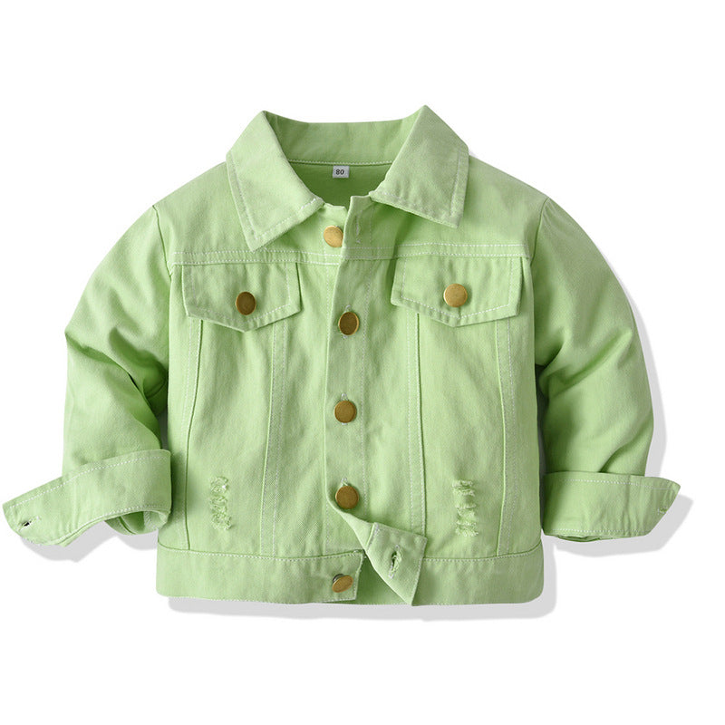 Children Jean Jackets Spring and Autumn Green Fashionable Jacket Lapel Long Sleeve Short