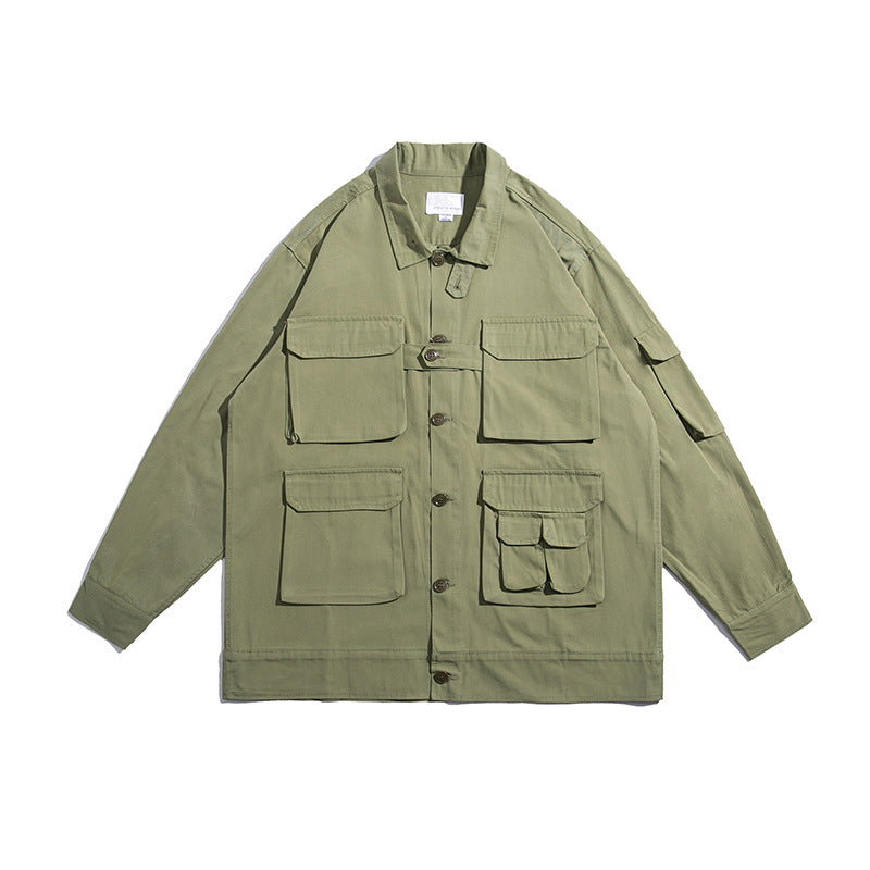 Man Fall Outfis Autumn Cardigan Polo Collar Jacket Multi-Pocket Loose Casual Long Sleeves Coat for Men