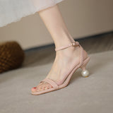 Nude Low Block Heel Square Toe Ankle-Strap Stilettos Open Toe Pearl