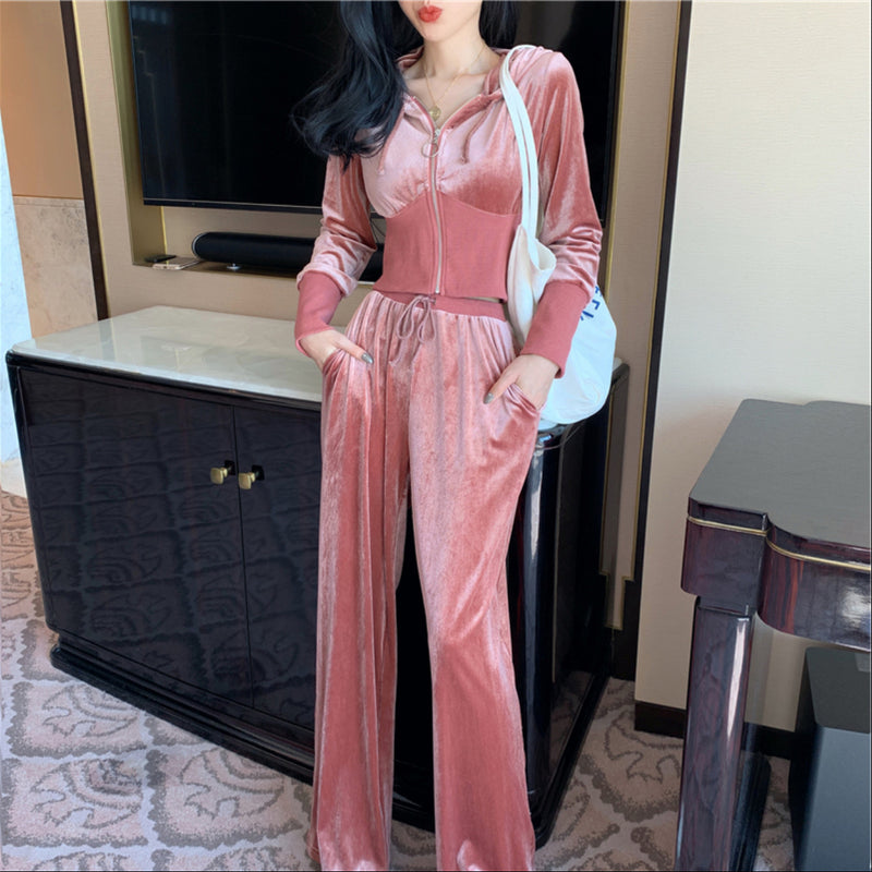 Velour Tracksuit Hooded Short Jacket High Waist Drooping Wide Leg Pants Two-Piece Set