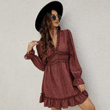 Coachella Music Festival Outfits Ruffles V-neck Floral Cake Dress Long Sleeve Women plus Size