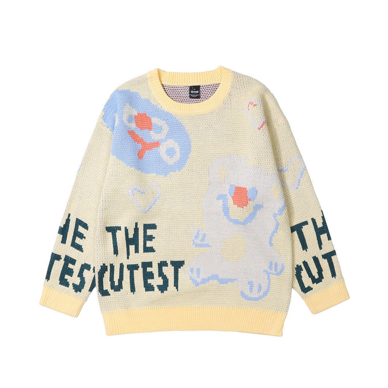 Men Sweater Cartoon Letters Brocade Sweater Men's Trendy Pullover