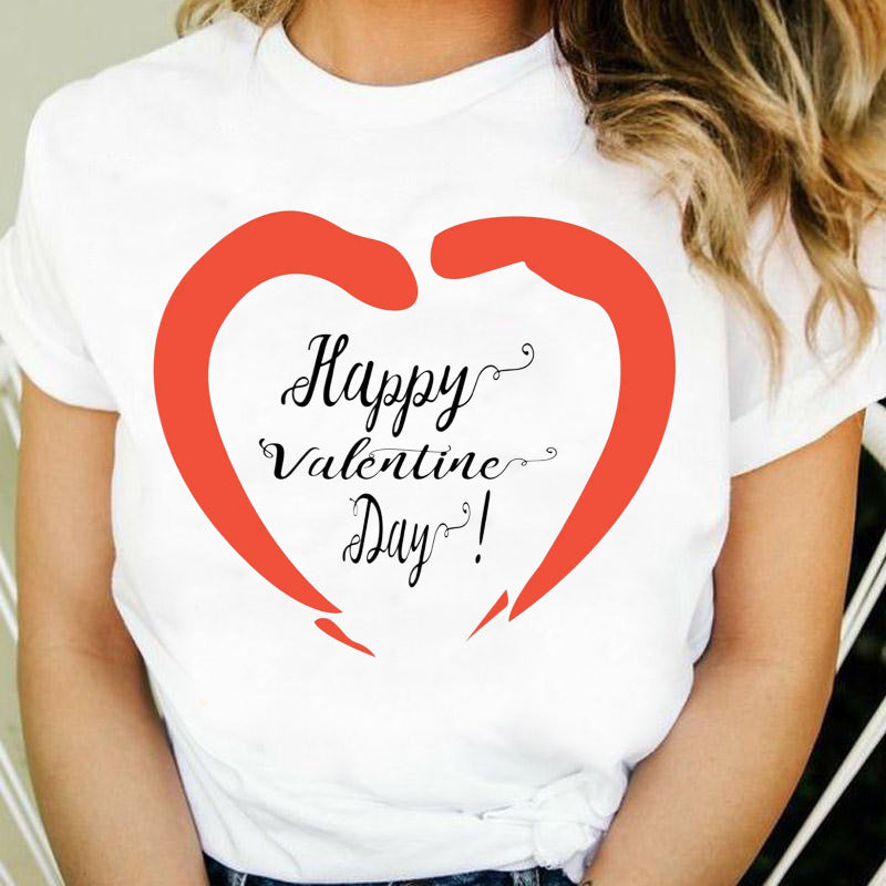 Valentine's Day T Shirts Couples T-shirt Heart Printing Women's Base Shirt round Neck plus Size