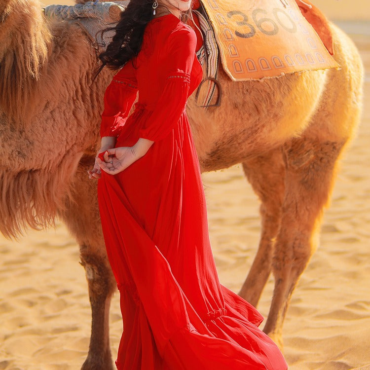 Coachella Music Festival Outfits Red Dress Women's Long Dress Seaside Vacation Beach Dress