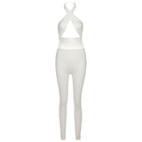 Summer women's sexy backless halter solid color high waist tight casual sports jumpsuit