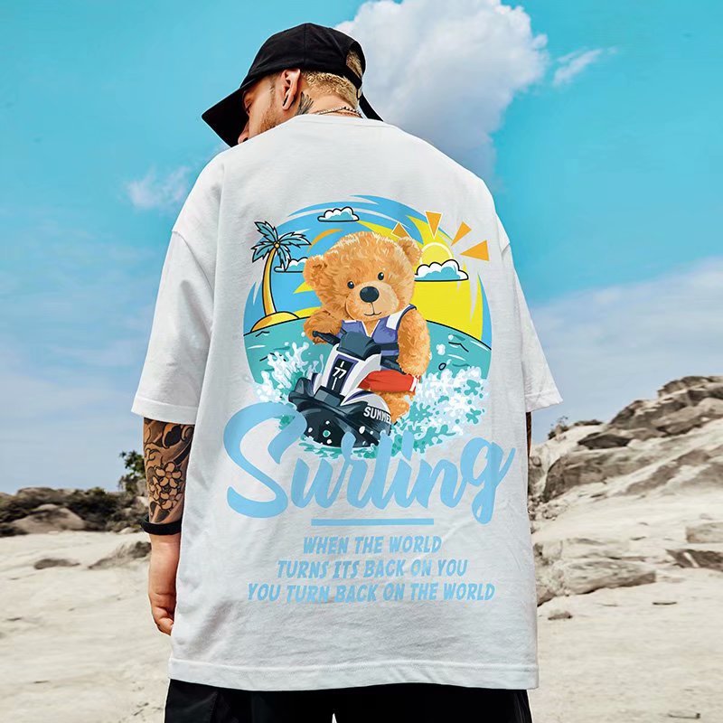 Men T-Shirts Bear Print Loose Half Sleeve Body