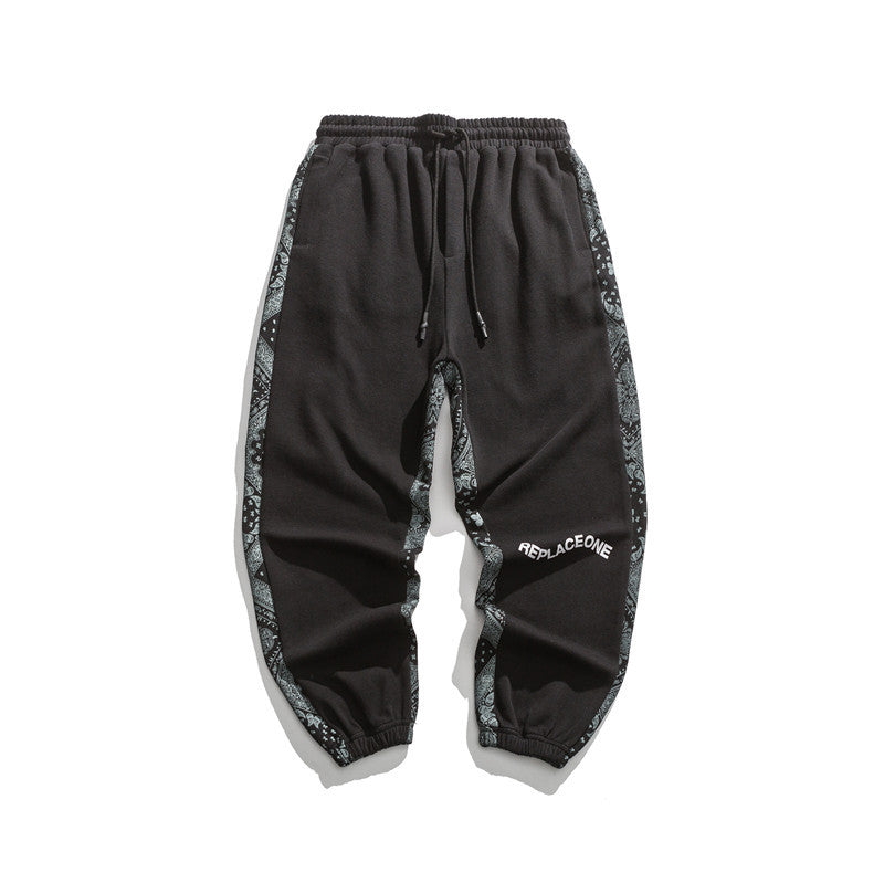 Man Fall Outfis Autumn Vintage Paisley Stitching Ankle-Tied Sweatpants Boys Loose Casual Pants
