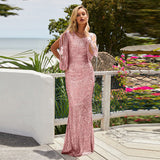 Long Sleeve Burgundy Dress Formal V-neck Long Sleeve Sequined Mop Dress