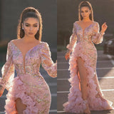 Long Homecoming Dresses Sexy Hip Sequin Pink Mesh Evening Dress