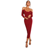 Long Sleeve Burgundy Dress Formal Dress Slim-Fit Dinner Party Dress Autumn and Winter