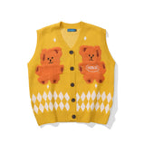 Men Sweater Cartoon Bear Embroidery Knitted Cardigan Vest Men's Outer Vest