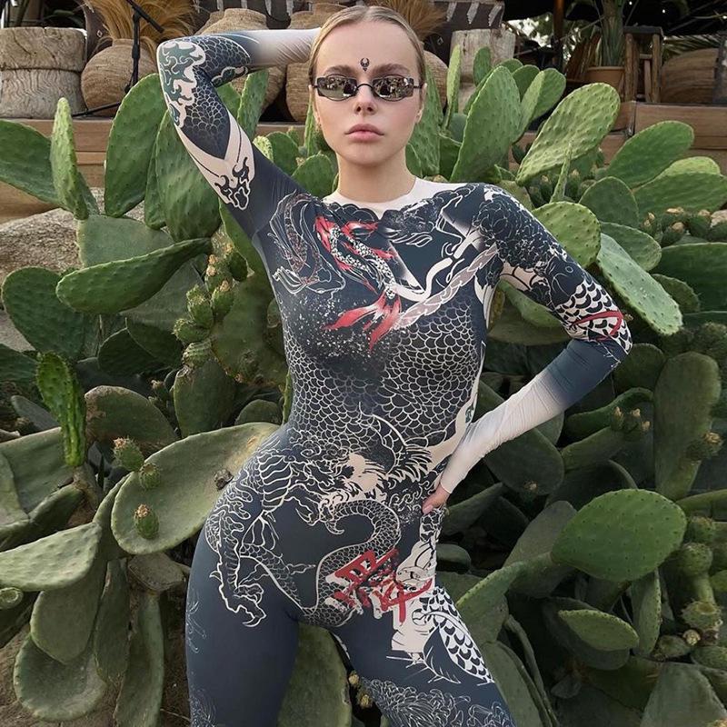 Autumn Retro Chinese Style Printed High Waist Tight Sports Jumpsuit