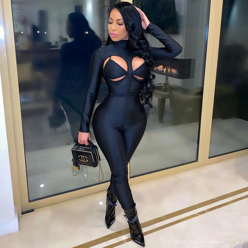 Women's Spring Clothing Solid Color Sexy Cutout Hip Lifting Sport Jumpsuit