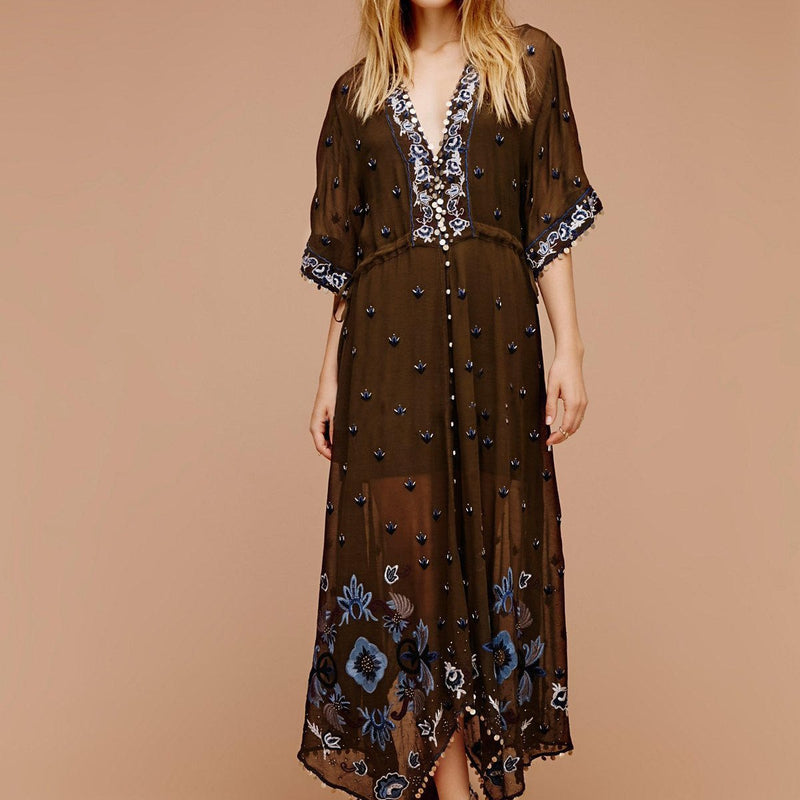 Beth Dutton Bohemian Dress Winter Autumn Maxi Dresses See-through Flower Embroidery